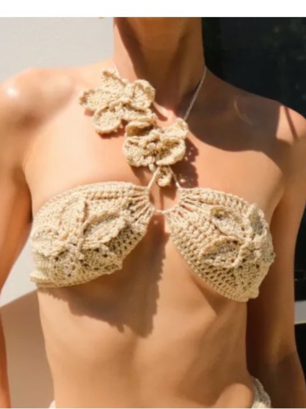 meshki river floral crochet bikini top gold